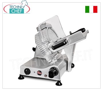 FAC - AFFETTATRICE a GRAVITA', lama Ø 250 mm, ESECUZIONE CE DOMESTICO, Mod.F250I/D Affettatrice a gravita'/inclinata, lama diametro 250 mm, realizzata in lega d'alluminio, completa di affilatoio lama fisso, V 230/1, Kw 0,26, dim.mm.495x475x535h